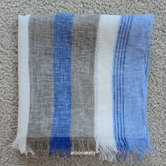 Puro Lino Linen Scarf Stripe Blue White & Taupe Italian Linen - Picture 3 of 8
